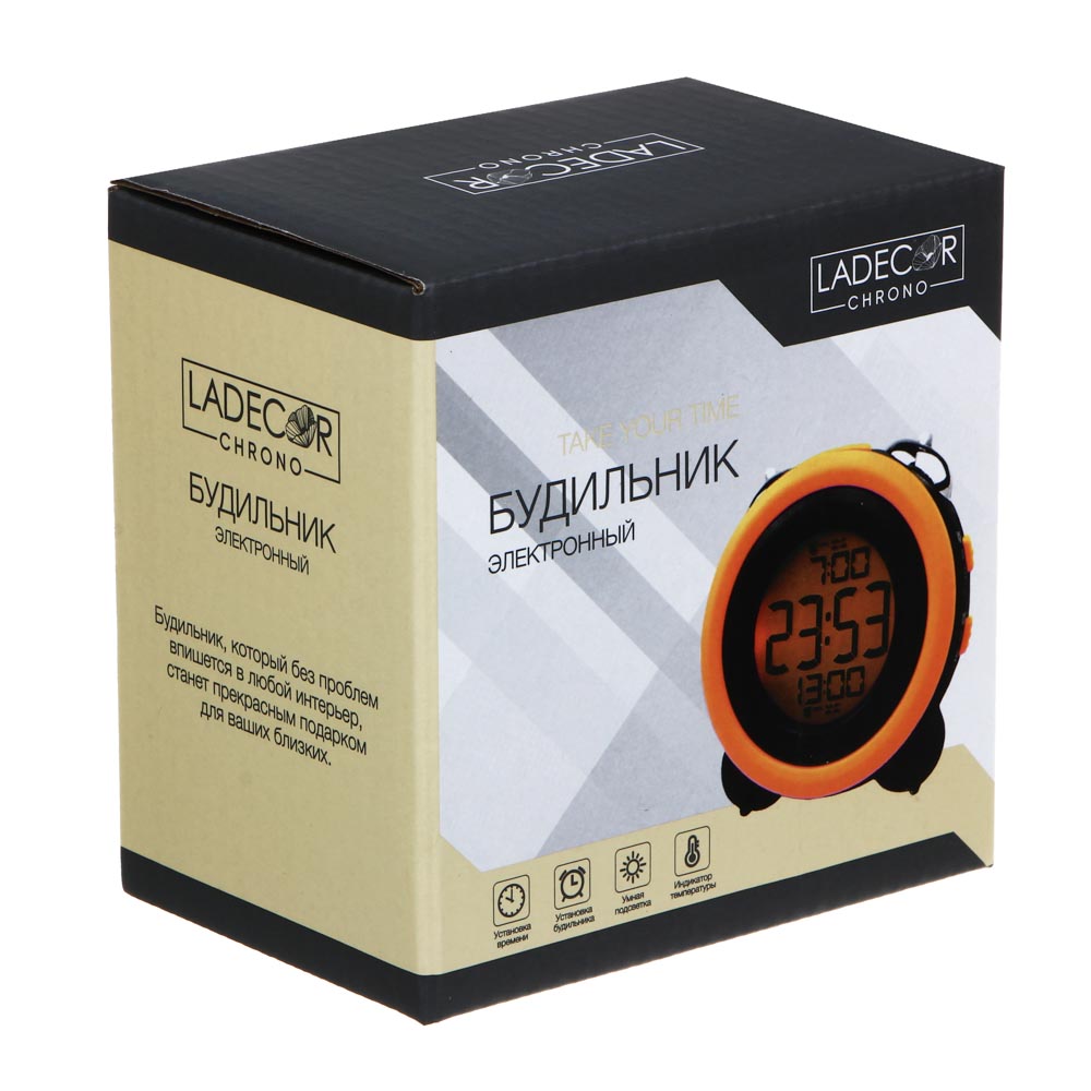 Будильник электронный LADECOR CHRONO, черно-оранжевый, 10,5x10,5x7 см - #9