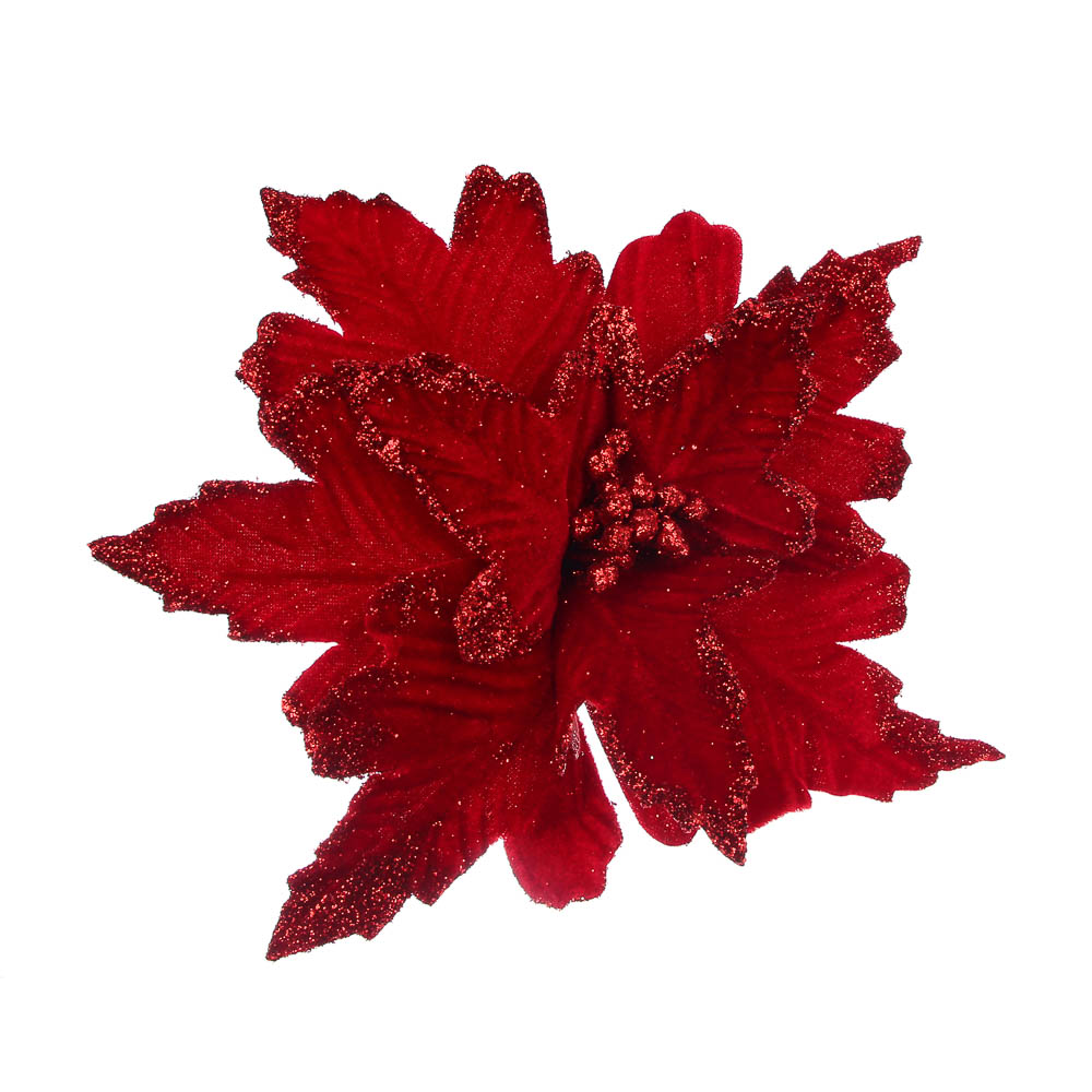 СНОУ БУМ Цветок Пуансеттия на клипсе 25 см, металл, глиттер, полиэстер, красный - #1