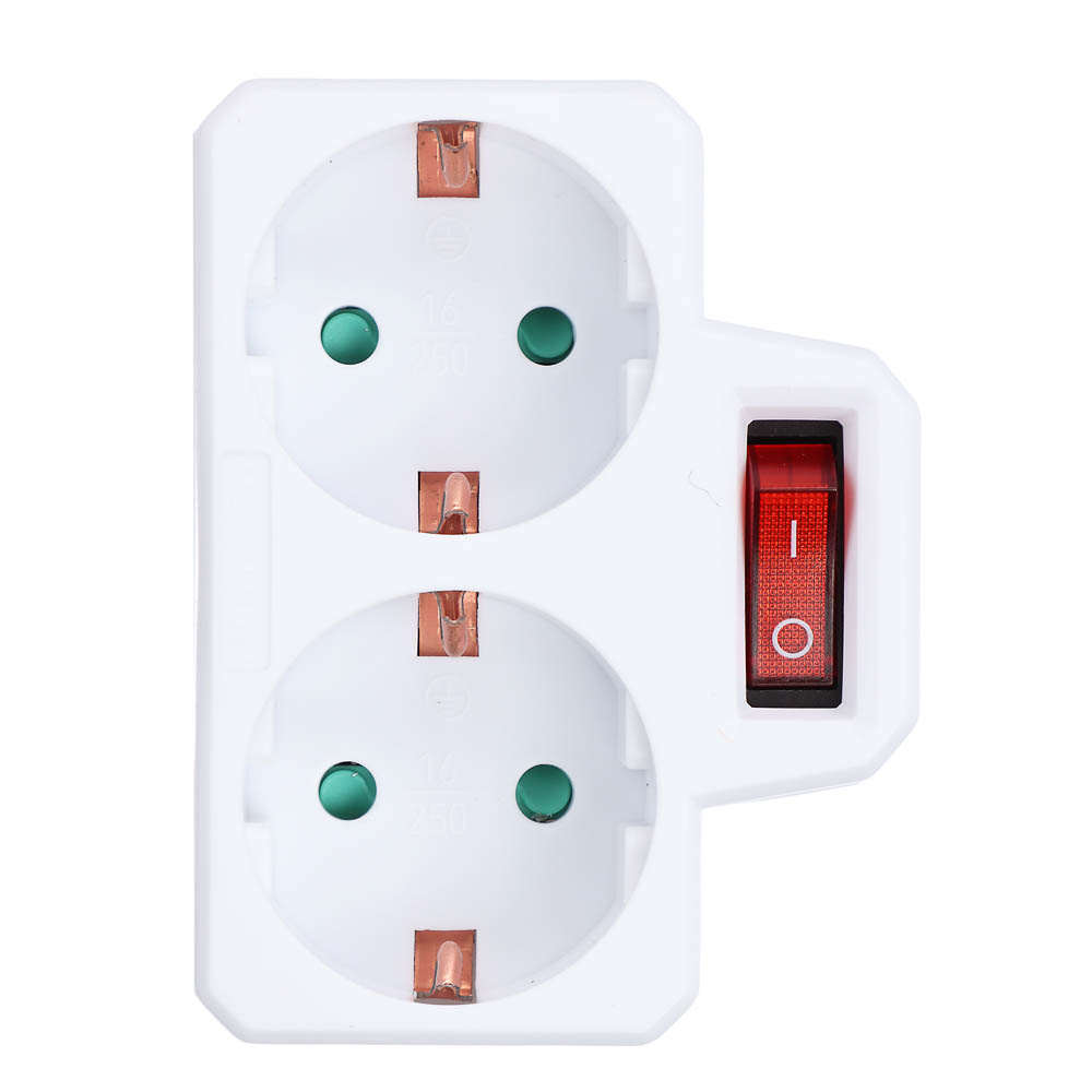 Разветвитель 2 гнезда BY, евро, с заземлением, 16А, 3500Вт, с выключателем, белый - #1