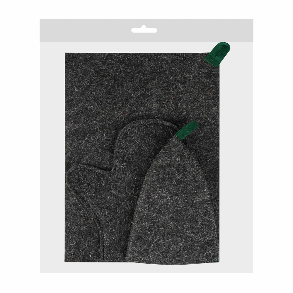 Набор банный ЭКОНОМ 3 предмета (шапка, коврик, рукавица) в пакете, войлок белый/серый - #21