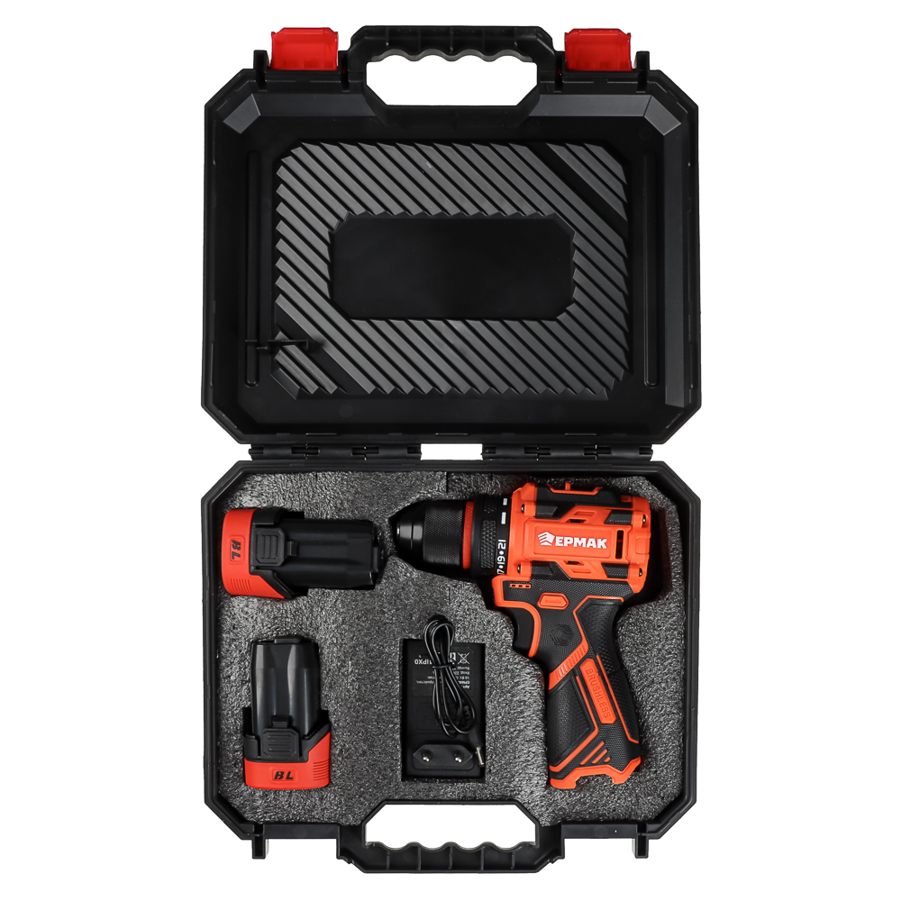 Дрель-Шуруповерт, тм ЕРМАК, аккумуляторная бесщеточная, в кейсе, 2 АКБ, 18в/2А, короткий корпус - #10