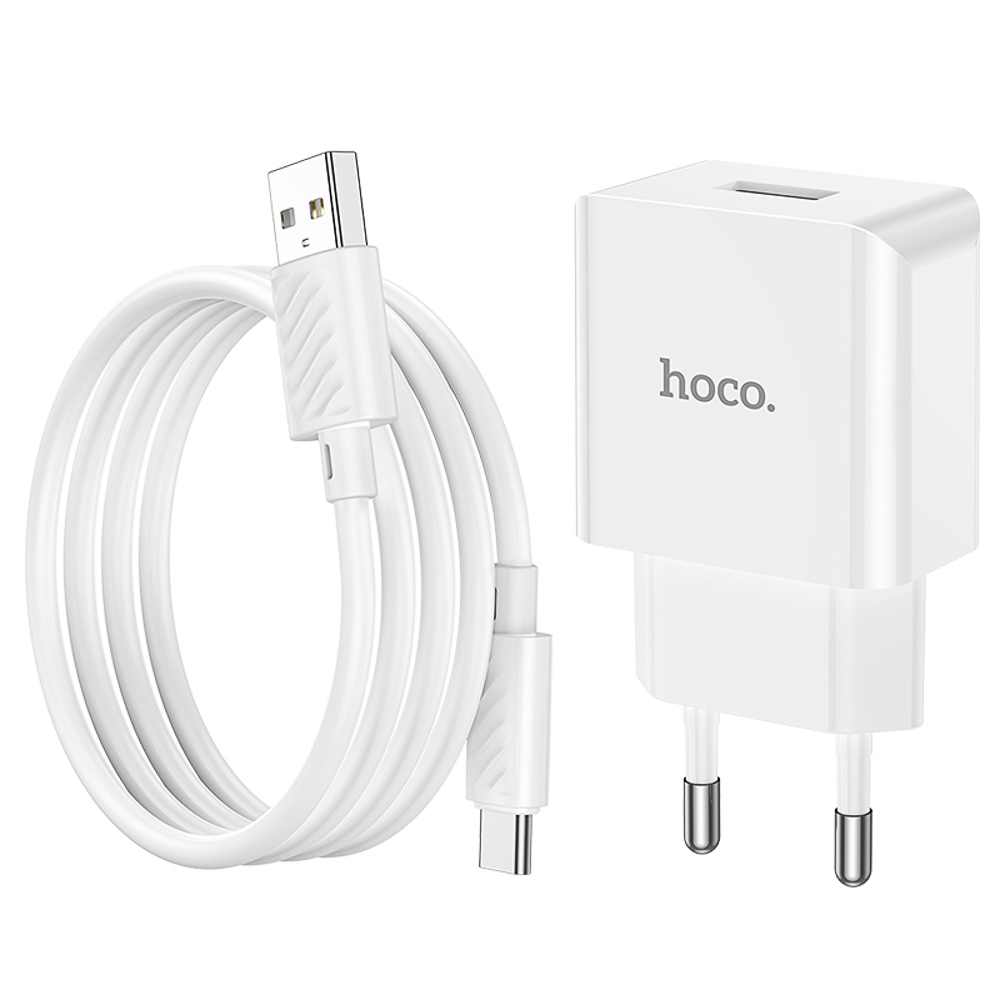 hoco. Комплект зарядное устройство с кабелем модель C106A, USB-A 10.5W, каб Type-C 1м, цвет: белый - #7