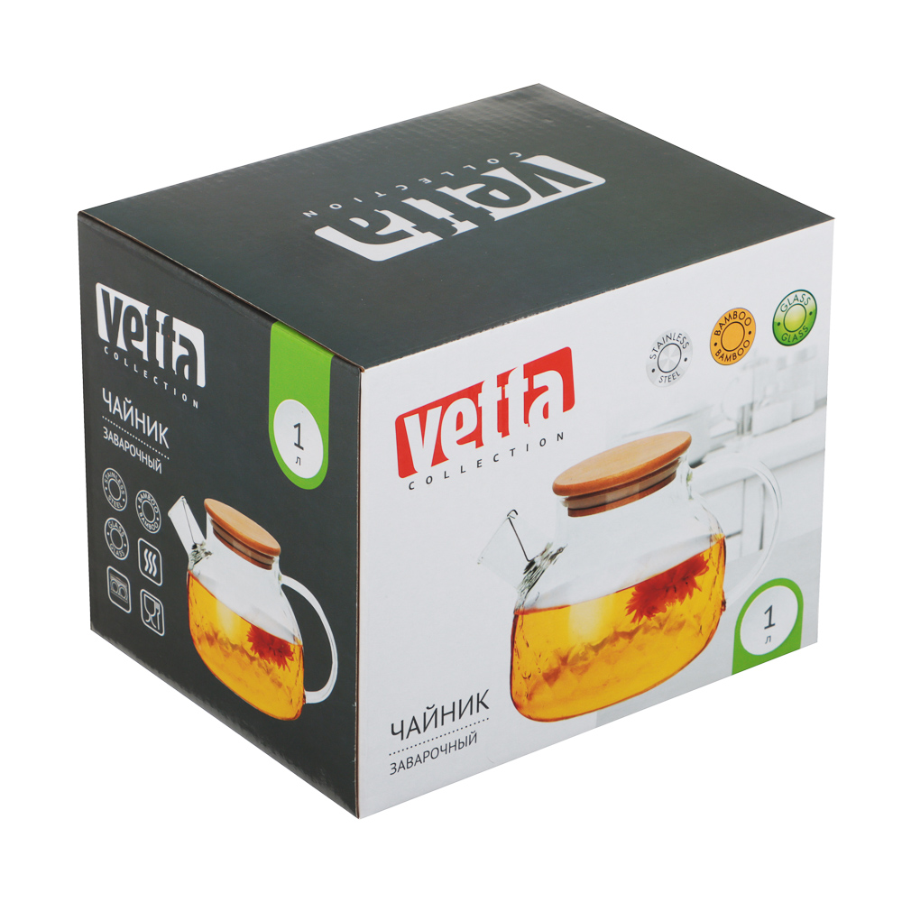 VETTA Чайник заварочный 1000мл, с металл.фильтром, бамбуковая крышка, стекло - #4