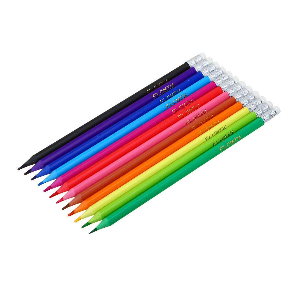 FLOMIK Набор цветных пластиковых стираемых карандашей, ластик, прокрашенный трехгр. корпус, 12 цв. - #3