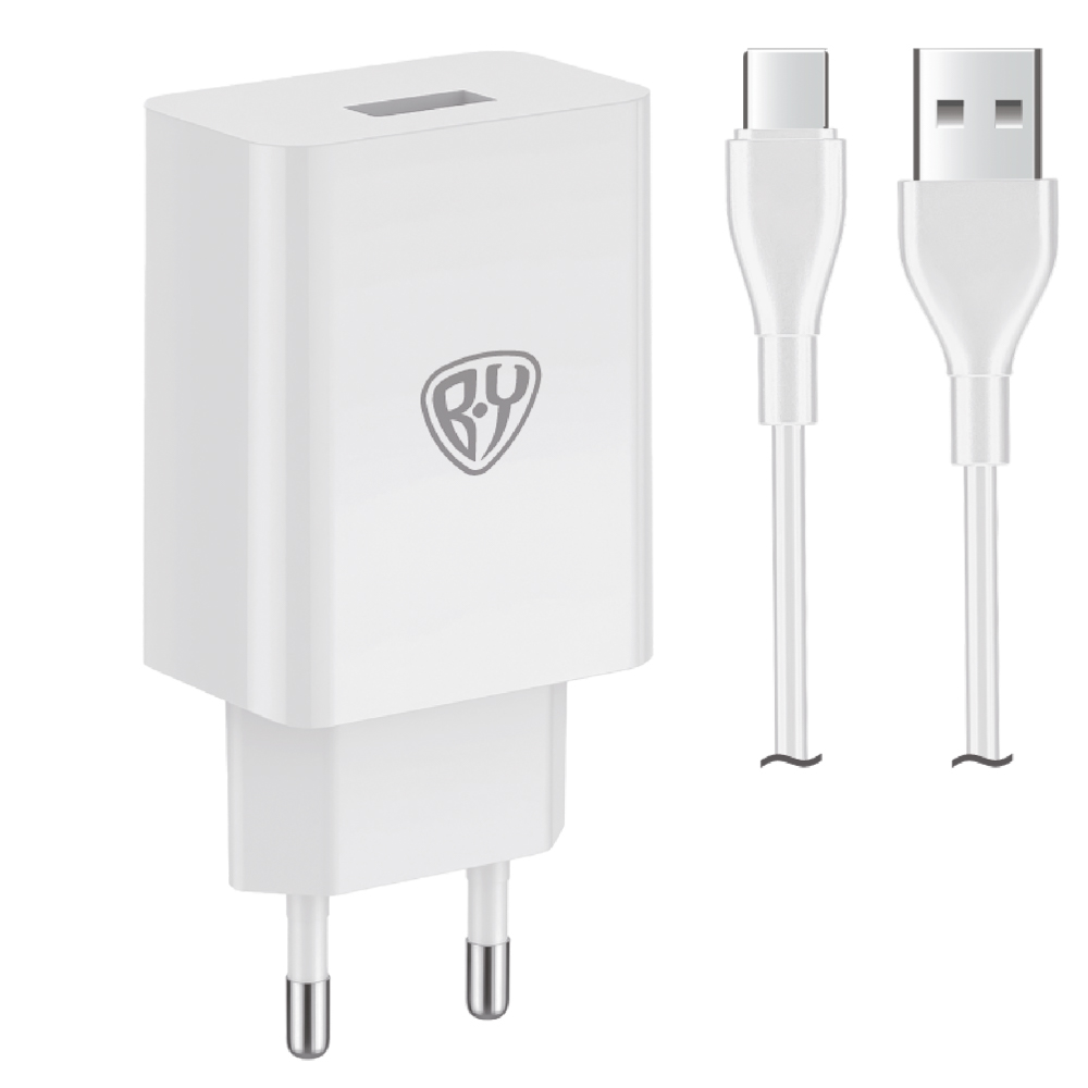 BY Комплект СЗУ Simple 18Вт, USB-A QC+ кабель Type-С, 3А, 100см, 110-240В, 50-60Гц, пластик, белый - #1