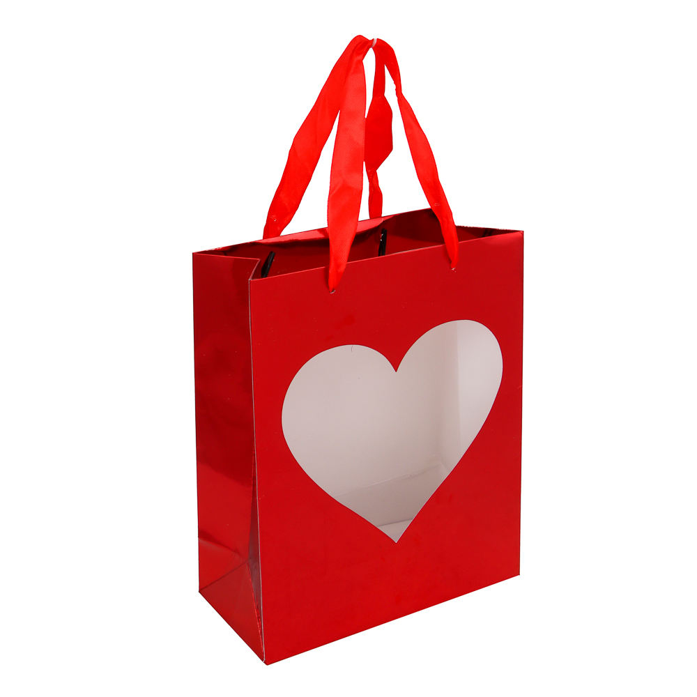 Пакет подарочный, бумажный с ПВХ окном в форме сердца, 23,5x18x8,5см, красный и розовое золото - #2