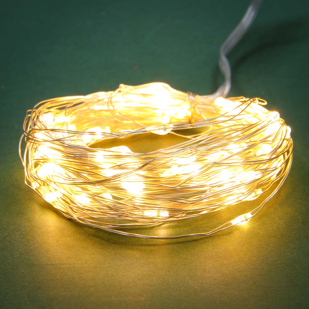 СНОУ БУМ Гирлянда эл. нить росы медь, 10м, 100LED, шампань, 8 реж, 3хАА, пульт - #1