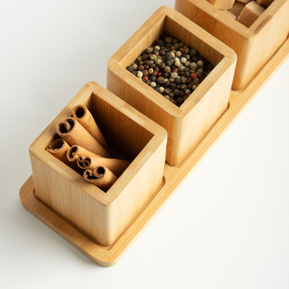 SATOSHI Набор банок для специй с крышками на подставке (7х7х10см – 4шт.), бамбук - #14