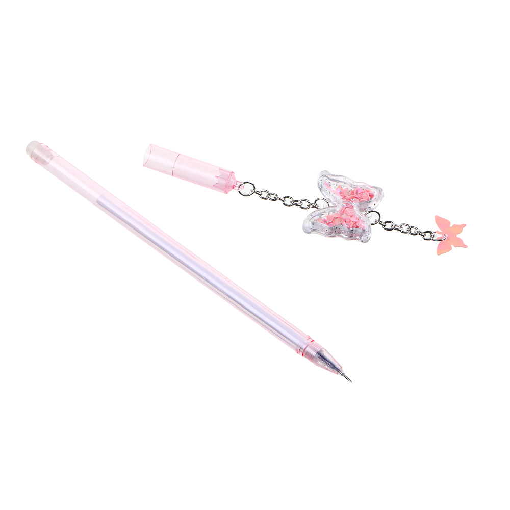 Ручка гелевая с подвеской в форме бабочки, (внутри блестки), 16см, 4 цв корпуса, пластик, металл - #3