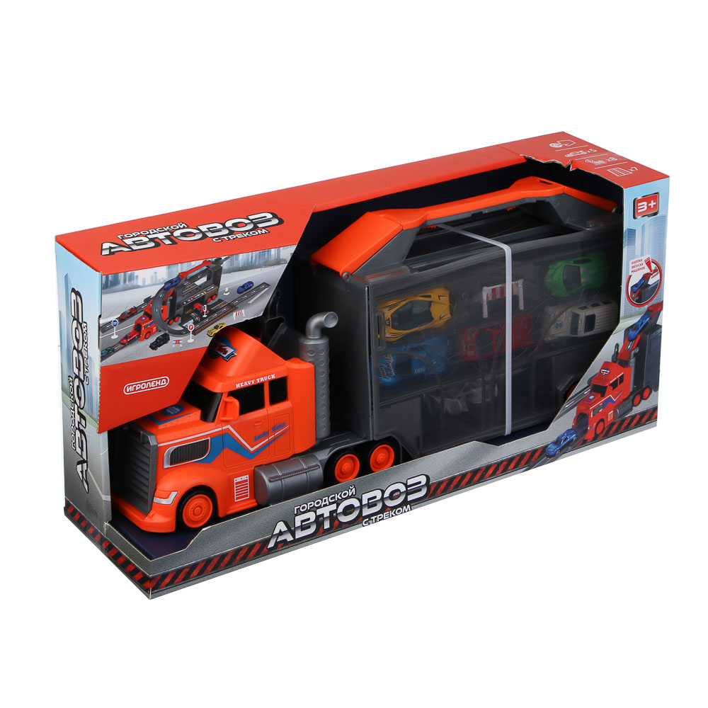 ИГРОЛЕНД Городской автовоз с треком, 5 машин, дорожные знаки, ABS, металл, 46,5х13х21 см - #2