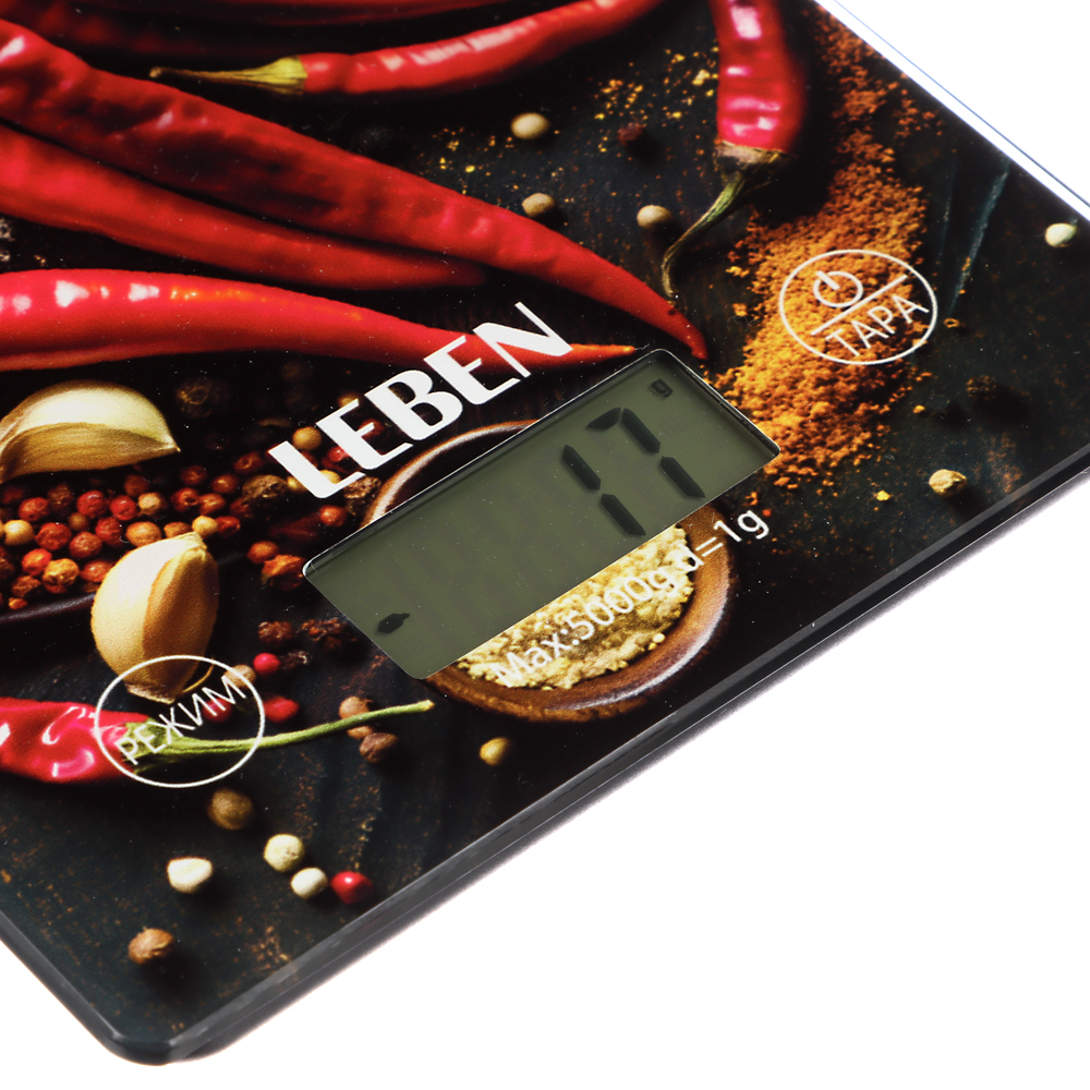 LEBEN Весы кухонные электронные, прямоуг., стекло с дизайном, макс.нагр. 5кг (точн.измер. 1гр) - #3