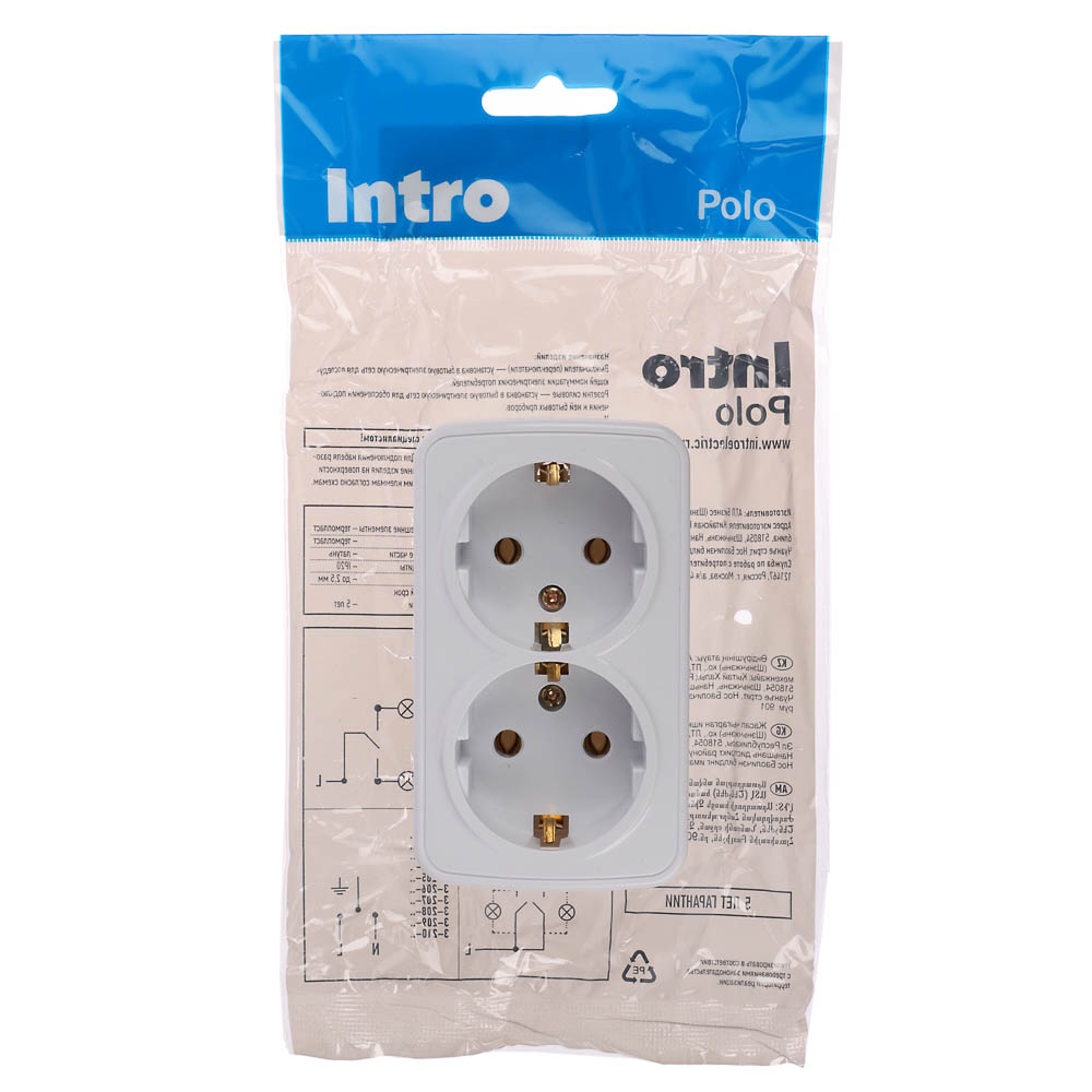 Розетка Intro Polo/Quadro двойная с заземлением 2х2P+E Schuko 16А-250В IP20 ОУ белый - #4