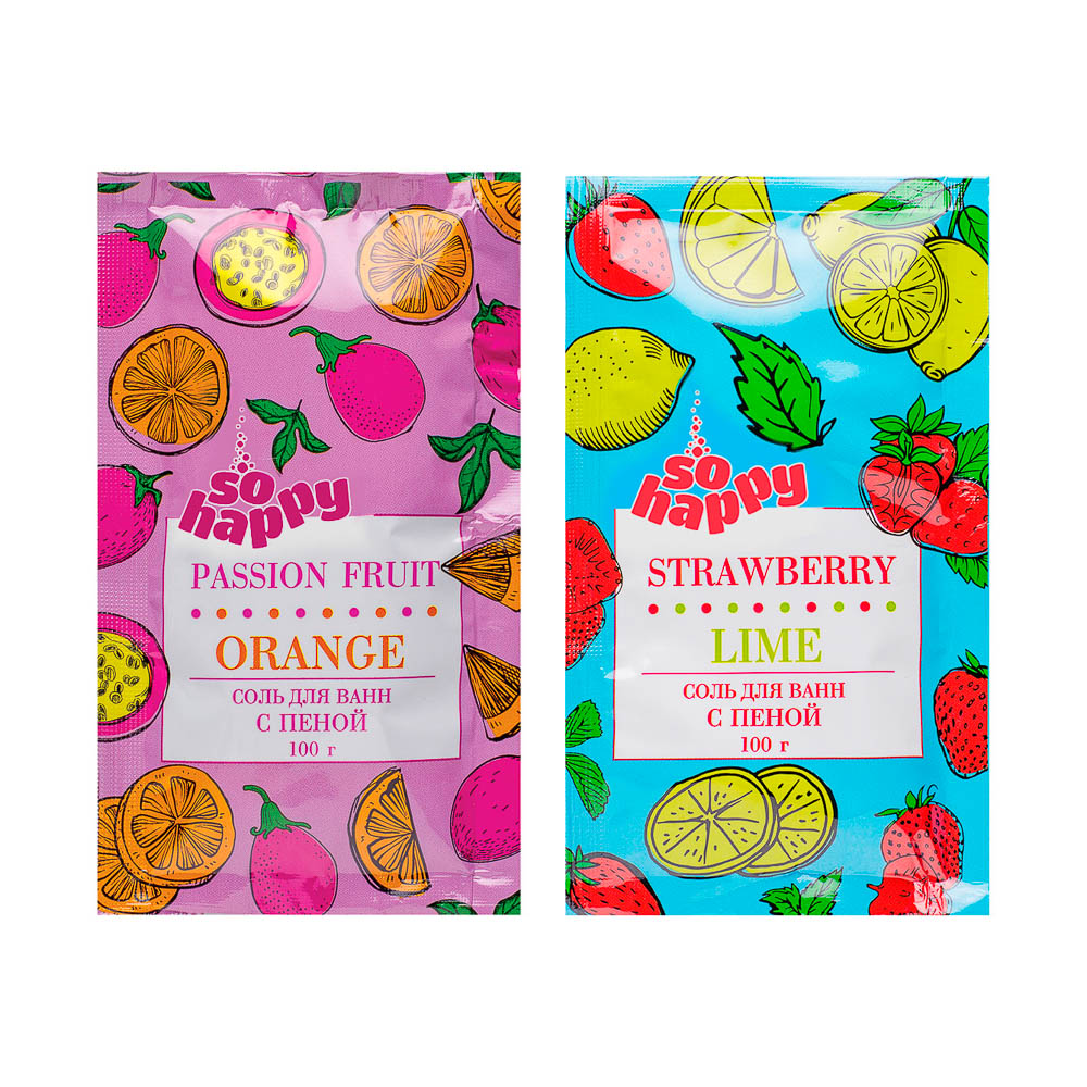 Соль для ванн с пеной SOHappy Клубника лайм+шоколад мята/клубника лайм+апельсин маракуйя,100г - #1