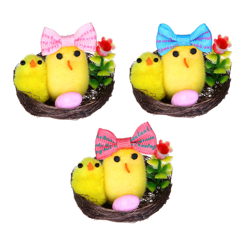 Декор Пасхальный в виде курочки в бантике, в гнезде,5x4,5 см,полиэст, пеноп,пласт,сизаль,картон,3 цв - #1
