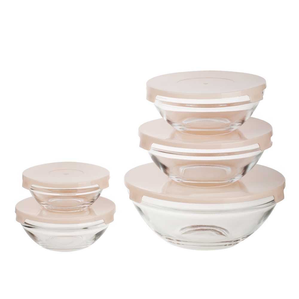 MILLIMI Набор салатников с крышкой 5 шт: 900/ 500/350/200/130 мл, стекло, пластик, бежевый - #3