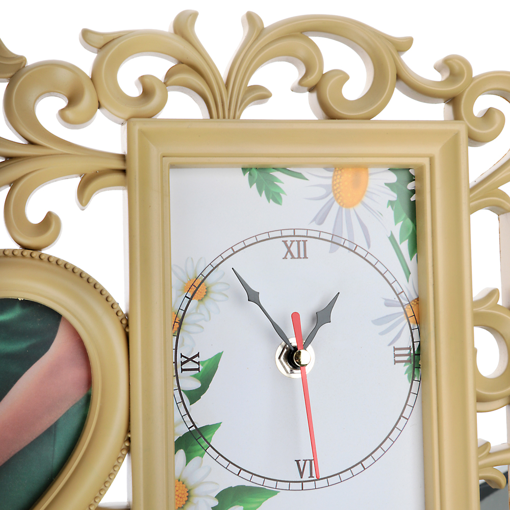 Фоторамка с часами, на 4 фотографии, 42x37см, пластик, бежевая - #4