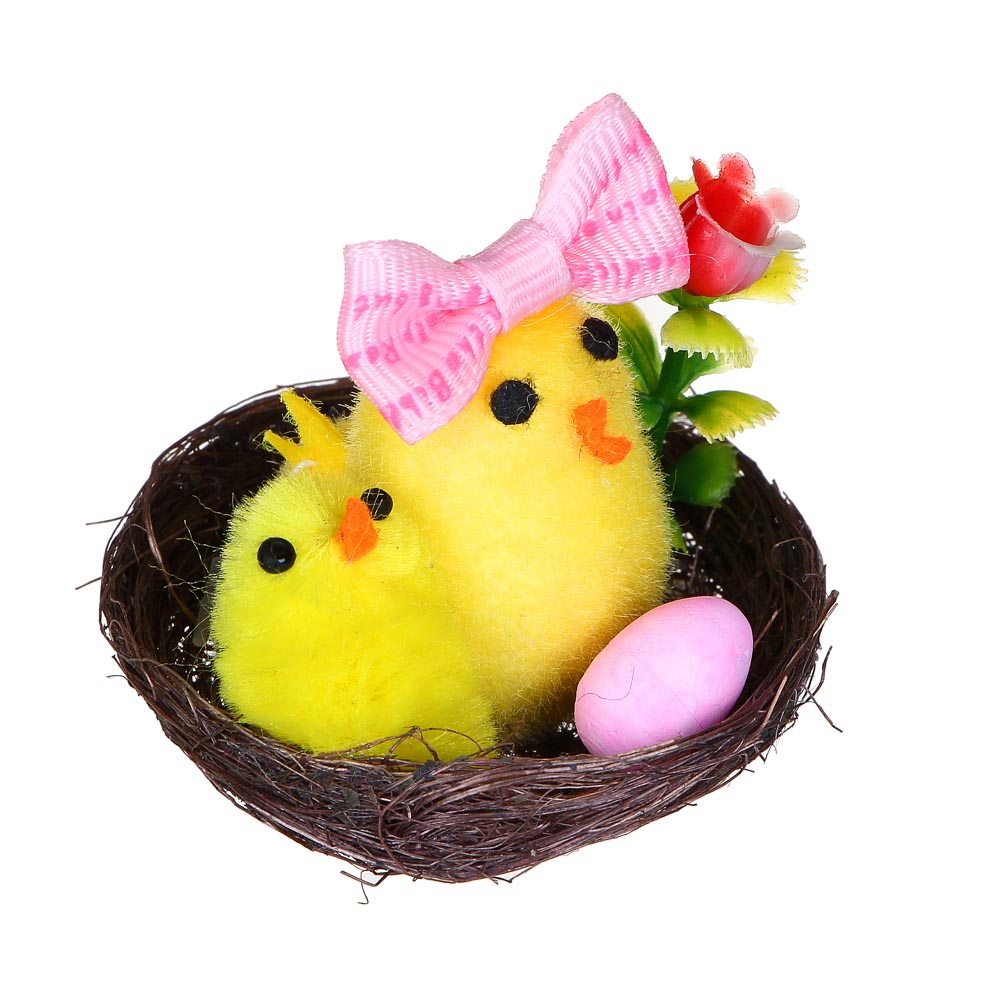 Декор Пасхальный в виде курочки в бантике, в гнезде,5x4,5 см,полиэст, пеноп,пласт,сизаль,картон,3 цв - #3
