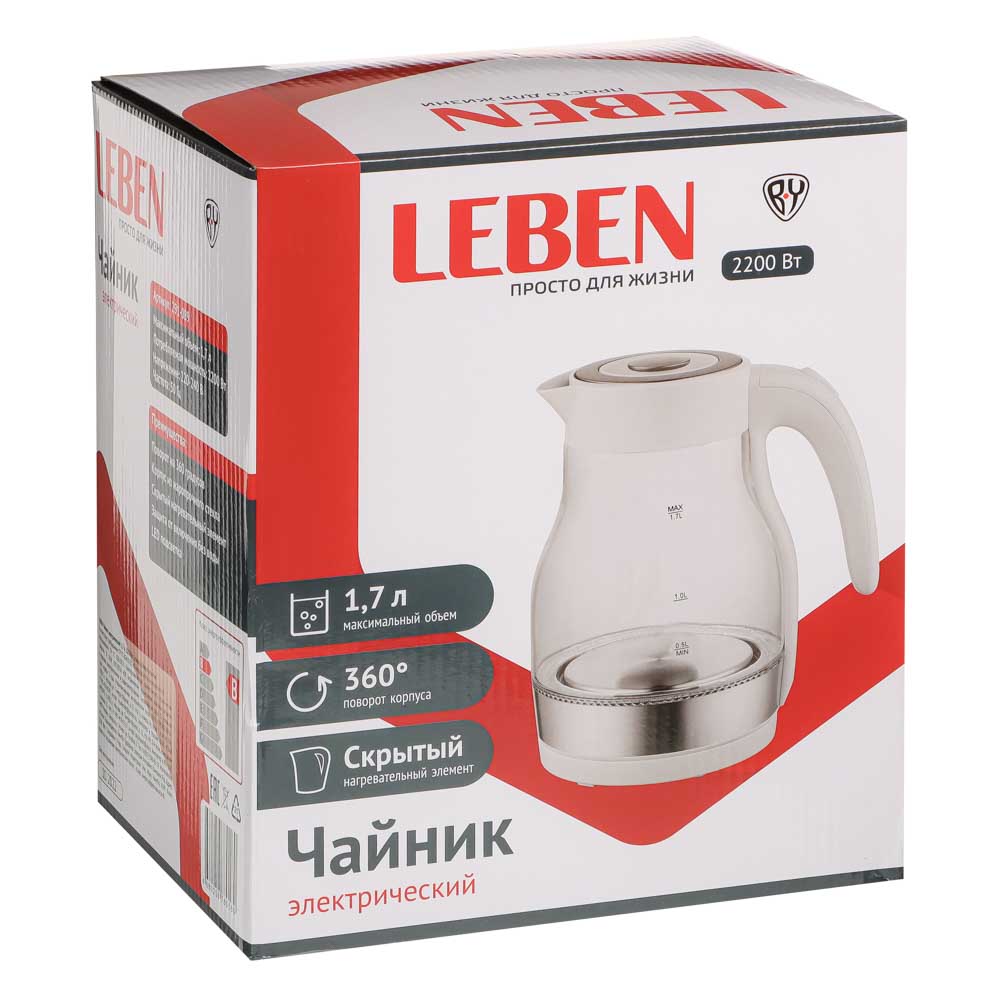 Чайник электрический LEBEN, стеклянный, 2200 Вт, 1,7 л - #8