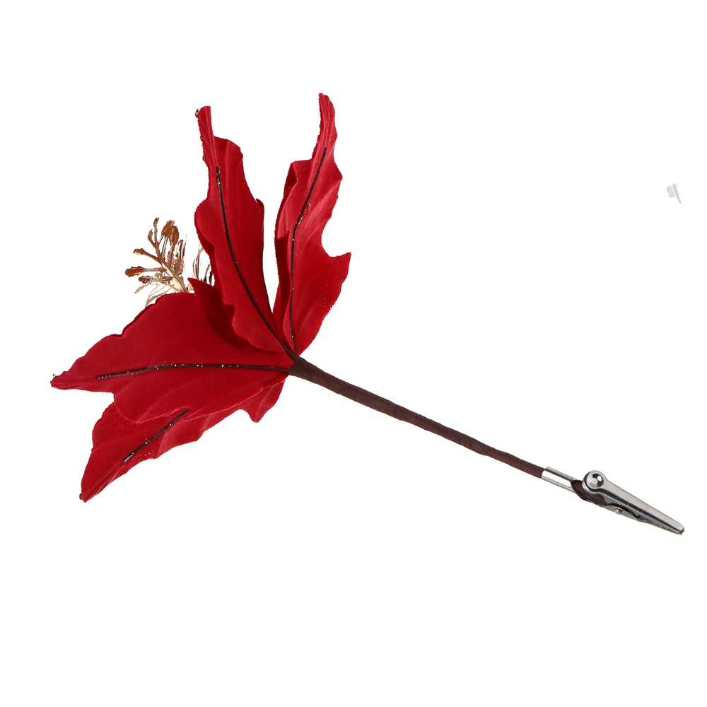 СНОУ БУМ Пуансетия 15 см на прищепке (5 лепестков), глиттер, полиэстер, металл, 26-417 - #4