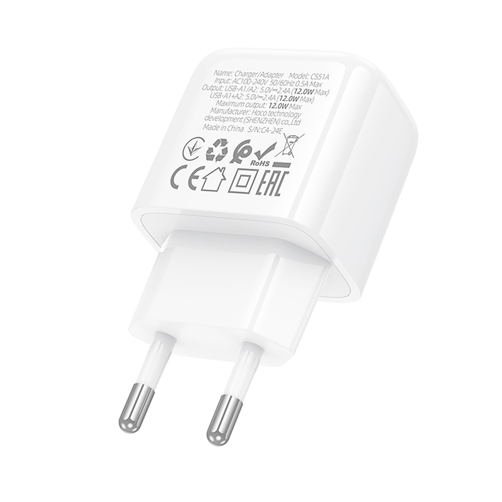 hoco. Зарядное устройство модель CS51A, 2хUSB-A 12W, цвет: белый - #7