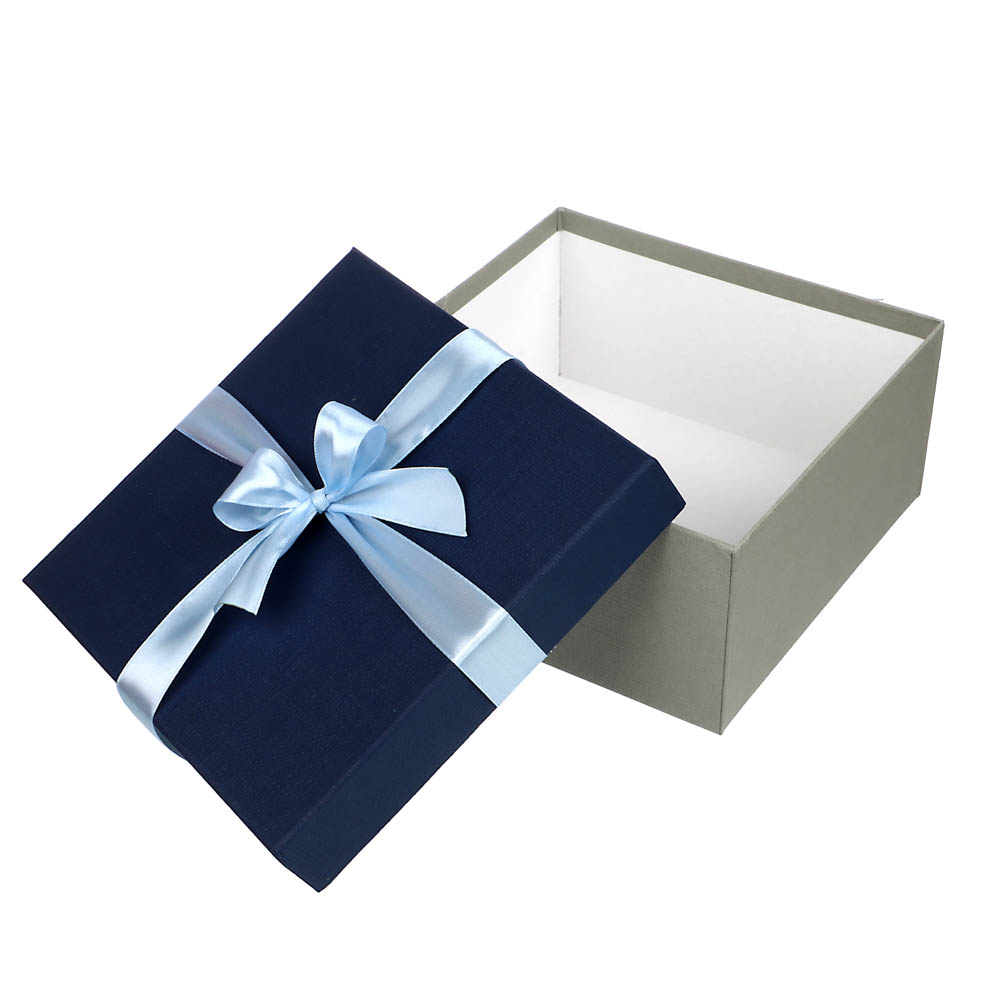Коробка подарочная с бантом тиснение Рогожка 19х19х9 см синий-серый - #3
