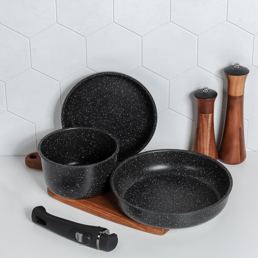 SATOSHI Нера Наб.пос. 4пр съемная ручка, ковш 1,3л, сковороды 20,24см, антиприг.мрамор, индукция - #13