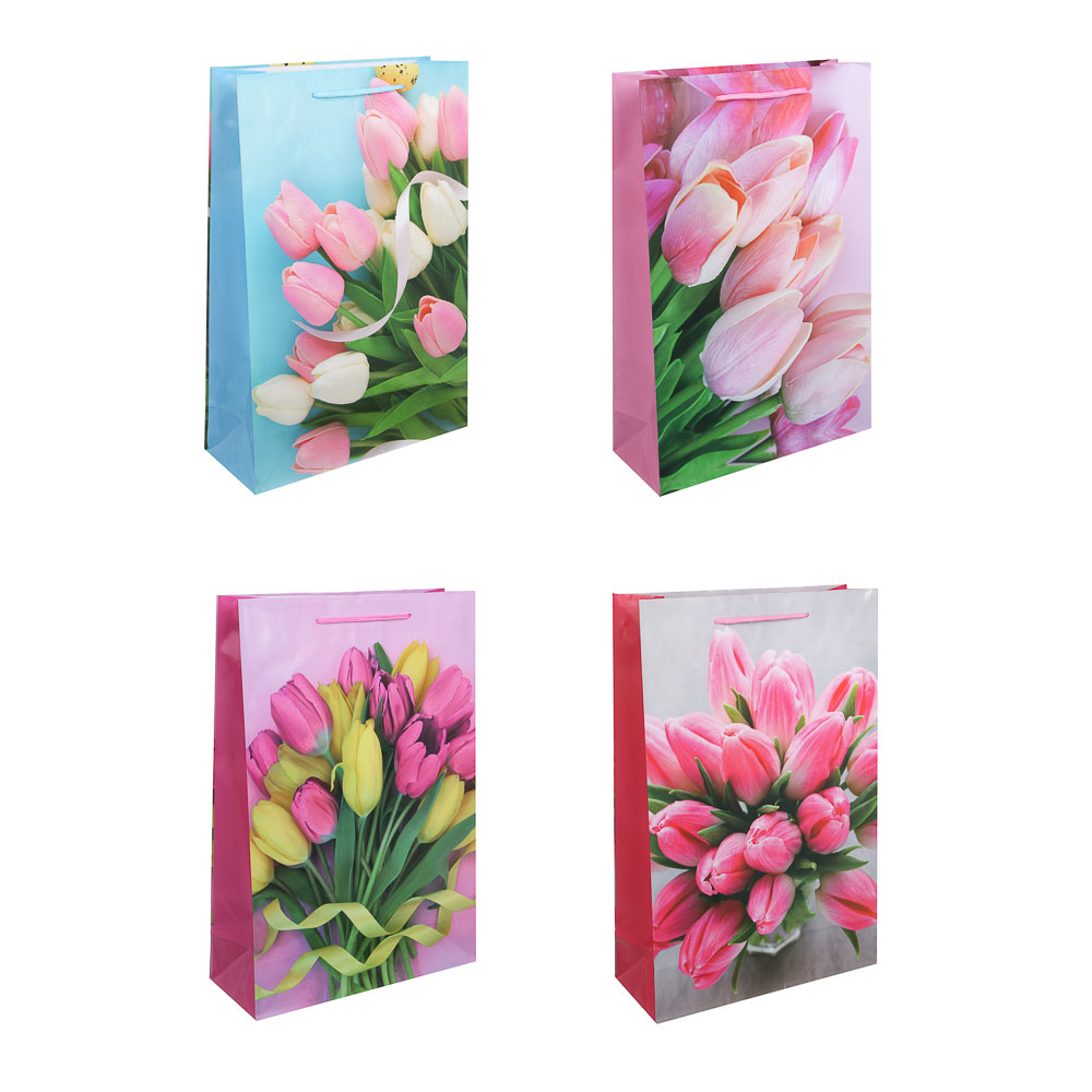 Пакет подарочный бумажный тм LADECOR, L 26x38x10 см, 4 дизайна, тюльпаны - #1