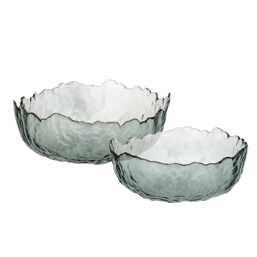 MILLIMI Набор салатников 2 шт, 17x16,5x7,5см / 20x20x9см, стекло, серый с золотой каймой - #1