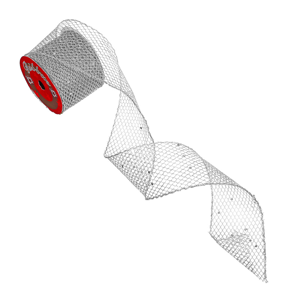 Лента текстильная с металлической нитью, 6,3см x 2,7 м, сетка, серебро - #3