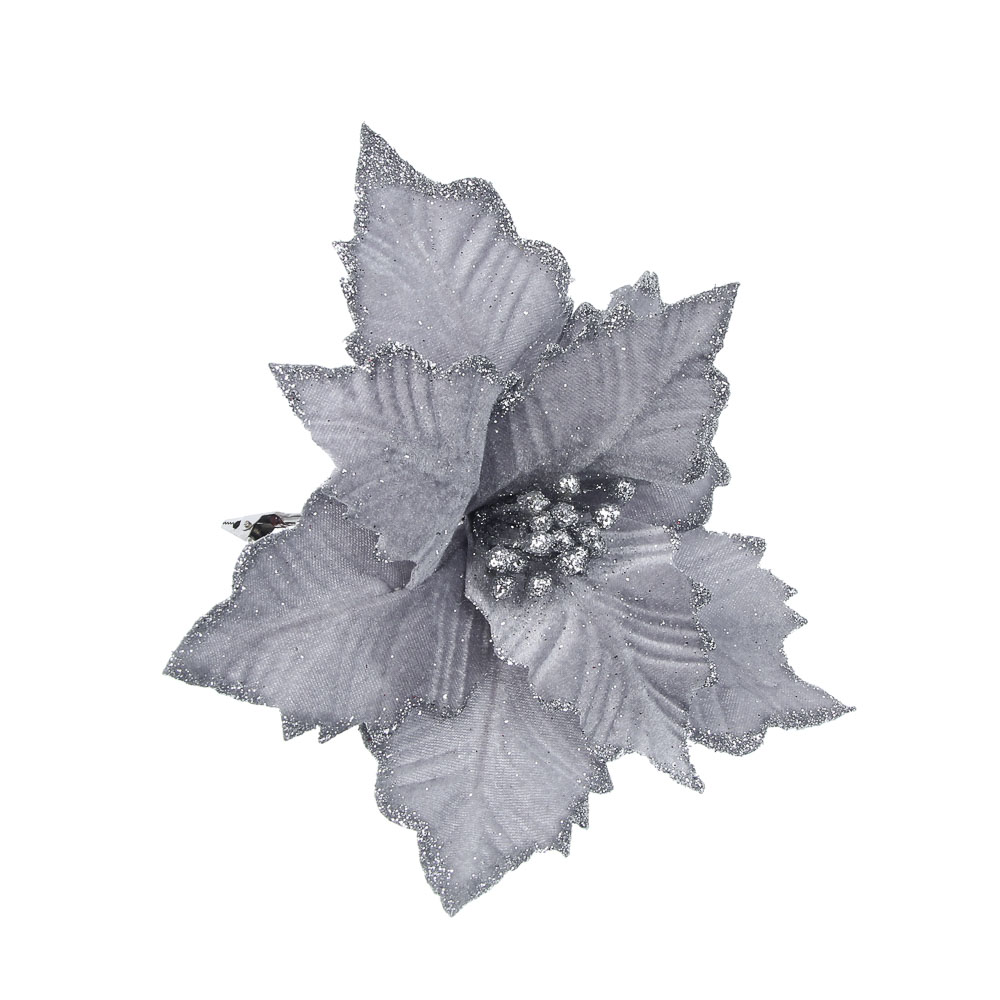 СНОУ БУМ Цветок Пуансеттия на клипсе 25 см, металл, полиэстер, глиттер, серебро - #1