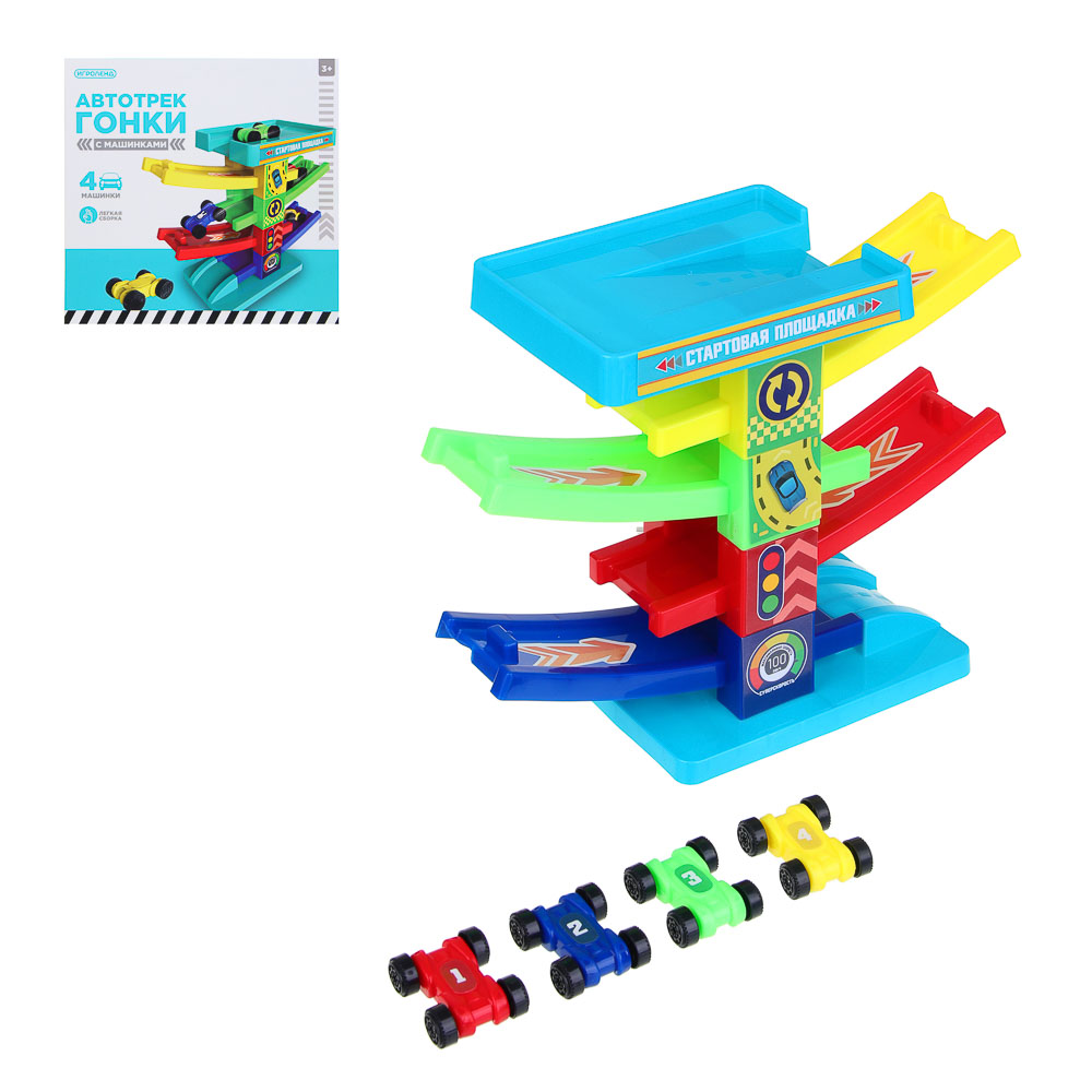ИГРОЛЕНД Автотрек "Гонки", пластик, 4 машинки, 21,5х22х5 см - #1