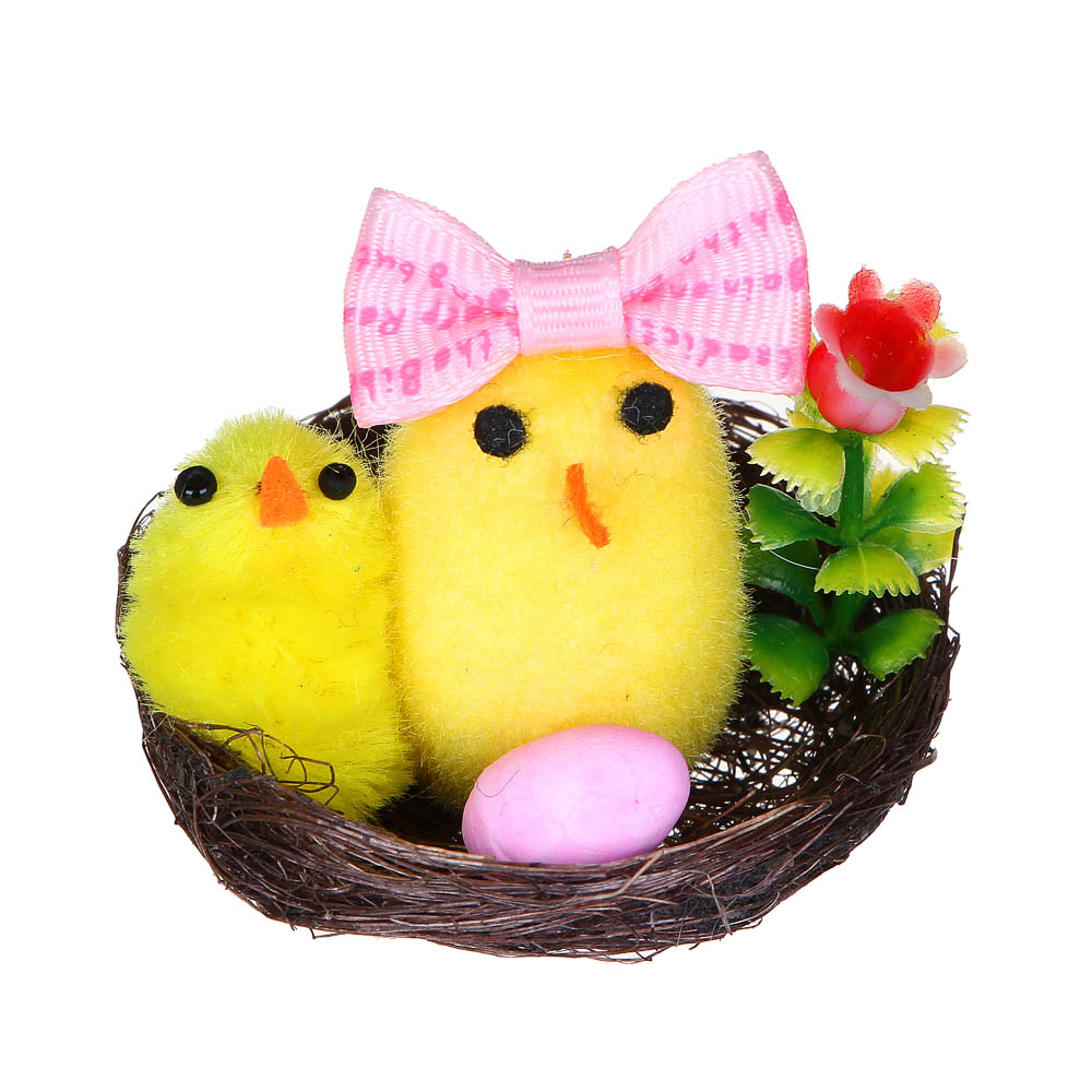 Декор Пасхальный в виде курочки в бантике, в гнезде,5x4,5 см,полиэст, пеноп,пласт,сизаль,картон,3 цв - #2