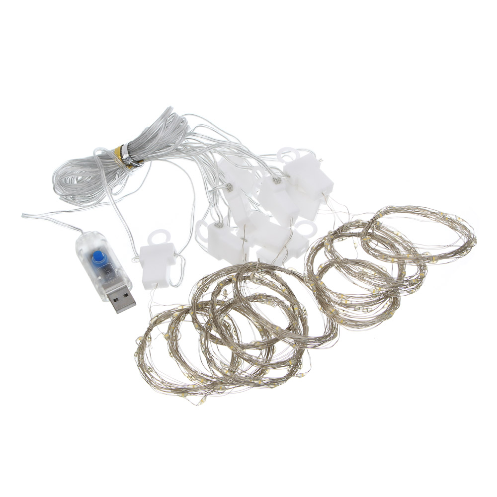 СНОУ БУМ Гирлянда эл. занавес нить росы 3х3м, 300 LED, 10 нитей, шампань, 8 реж, USB, пульт - #2