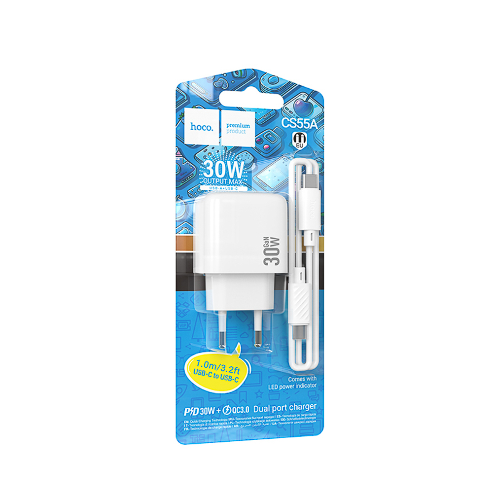 hoco. Зарядное устройство модель CS55A, USB+C 30W+ Кабель для зарядки С-С, цвет: белый - #2