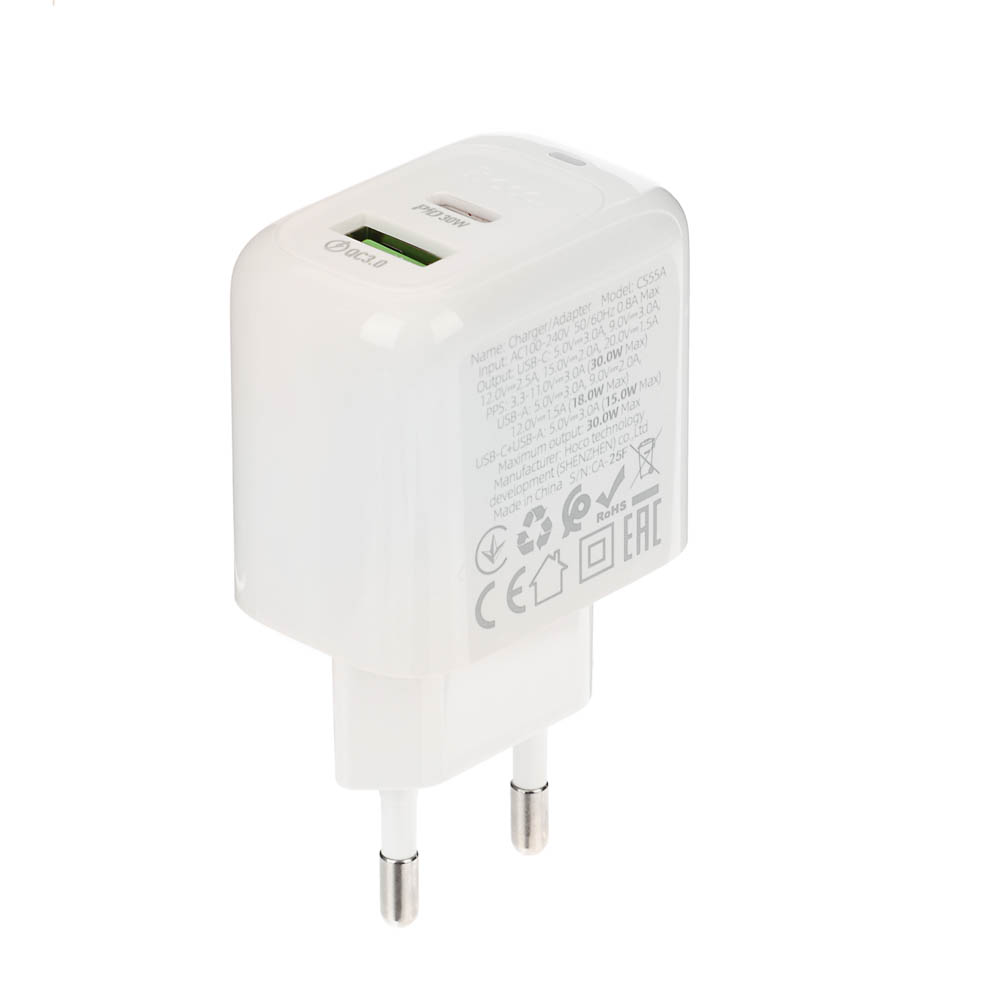 hoco. Зарядное устройство модель CS55A, USB+C 30W+ Кабель для зарядки С-С, цвет: белый - #11