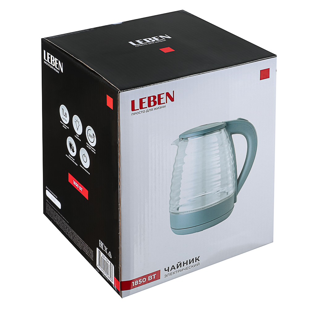 LEBEN Чайник электрический 1,8л стекло, серый, рифленое стекло - #13