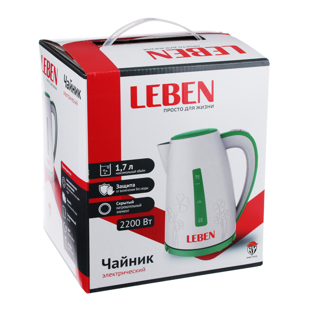 Чайник электрический 1,7 л LEBEN, 2200 Вт, пластик, белый/зеленый - #3
