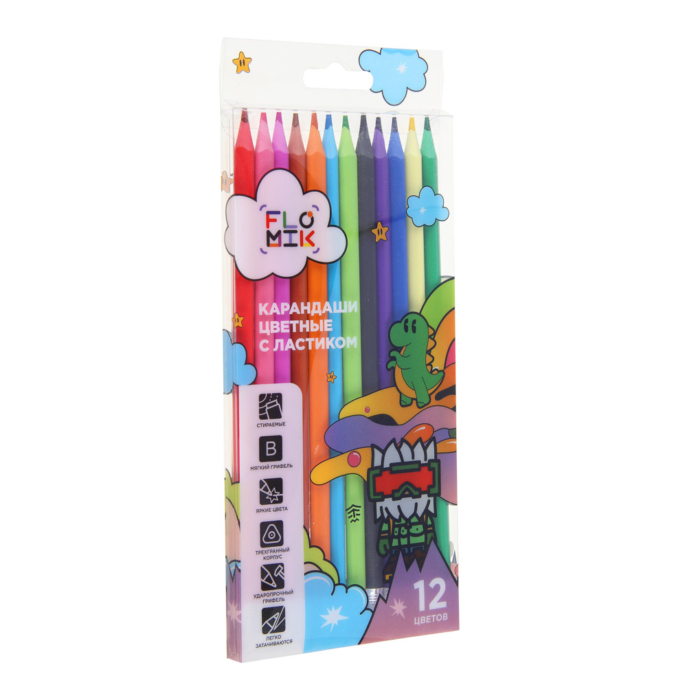 FLOMIK Набор цветных пластиковых стираемых карандашей, ластик, прокрашенный трехгр. корпус, 12 цв. - #8