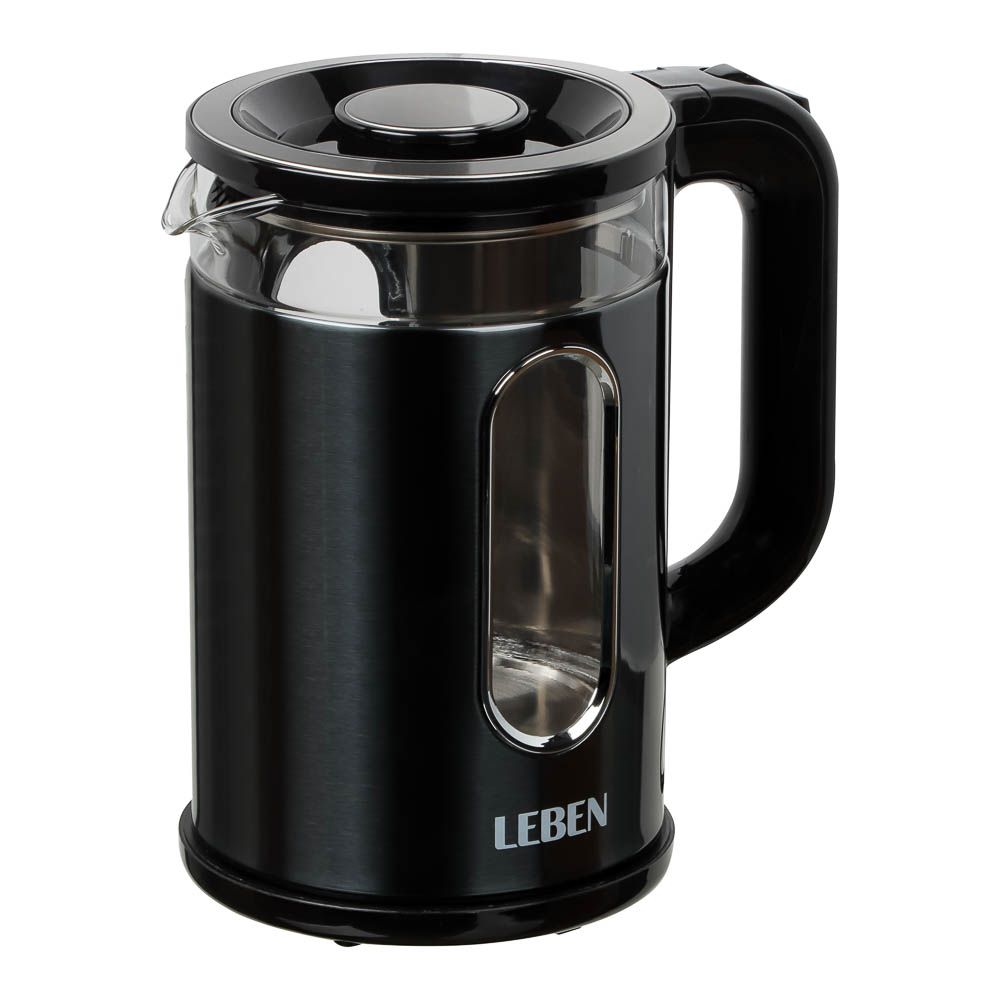 LEBEN Чайник электрический 1,8л, 1500Вт, стеклянная колба, металл, пластик, серый - #1