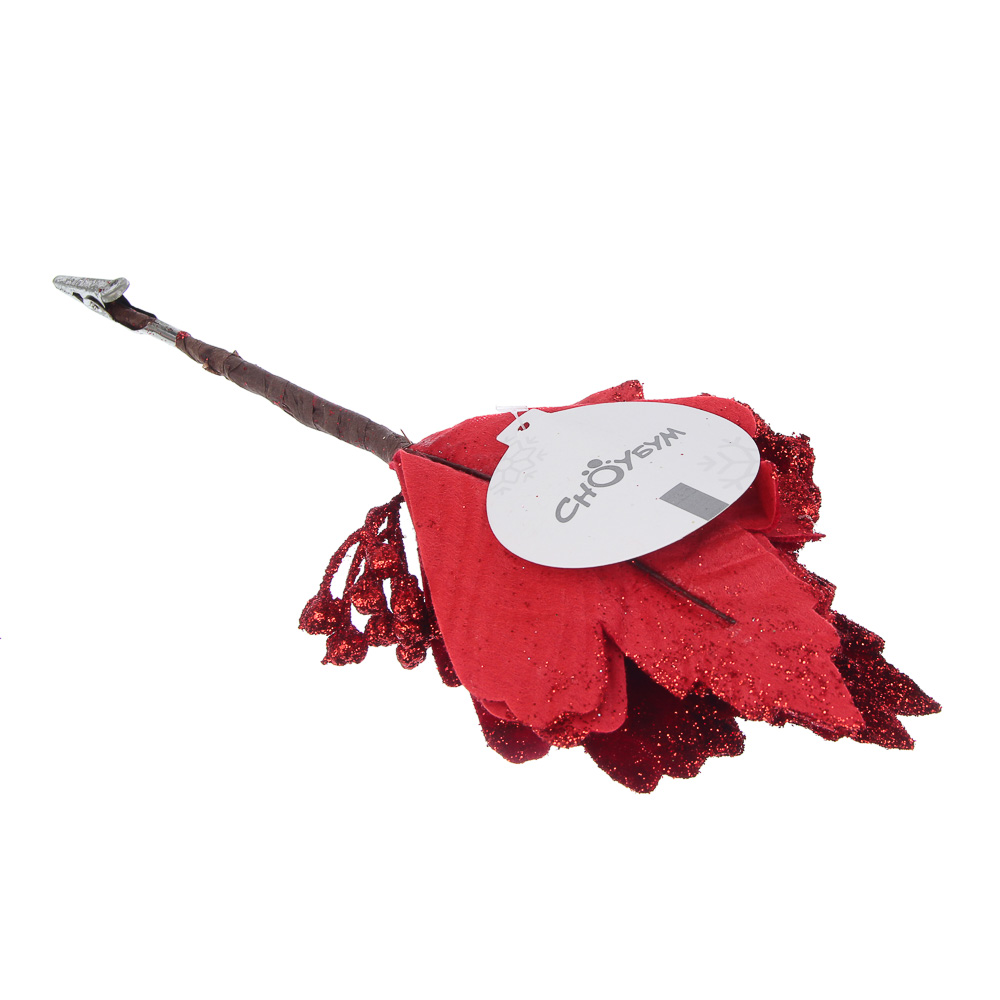 СНОУ БУМ Цветок Пуансеттия на клипсе 25 см, металл, глиттер, полиэстер, красный - #6