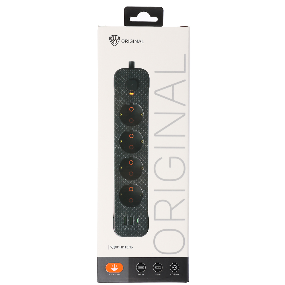 BY Удлинитель 3 м, 4 гнезда с зазем. + 2USB+ 1type C с защ., с выкл. черн. карбон сеч провода 1мм - #2
