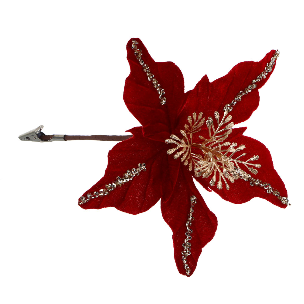 СНОУ БУМ Пуансетия 15 см на прищепке (5 лепестков), глиттер, полиэстер, металл, 26-417 - #1