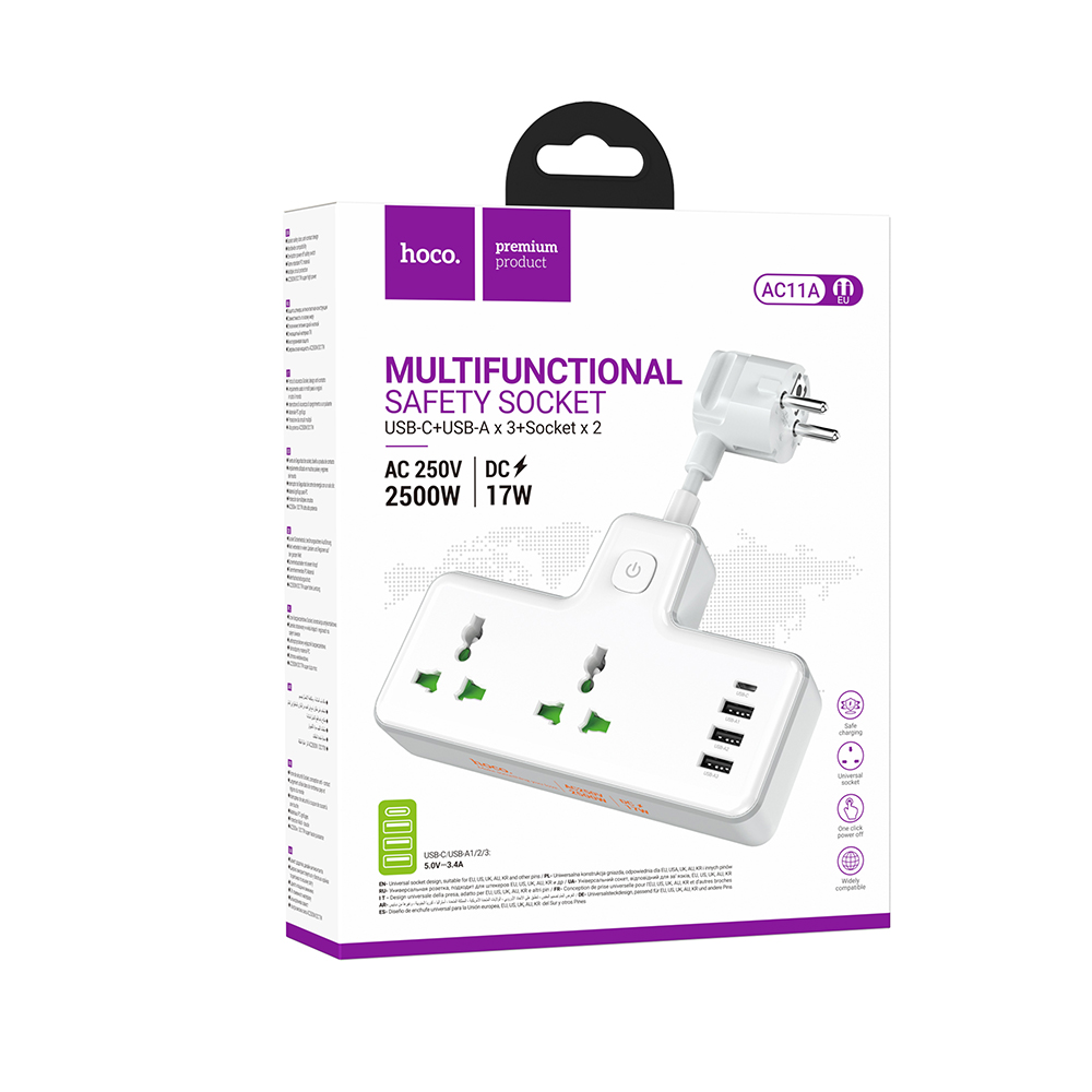 Разветвитель 2 гнезда hoco. модель AC11A, 10А, 250В, с функцией зарядки, белый - #2