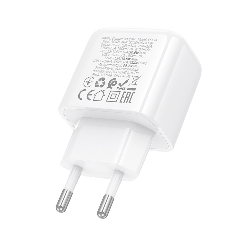 hoco. Зарядное устройство модель CS55A, USB+C 30W, цвет: белый - #7