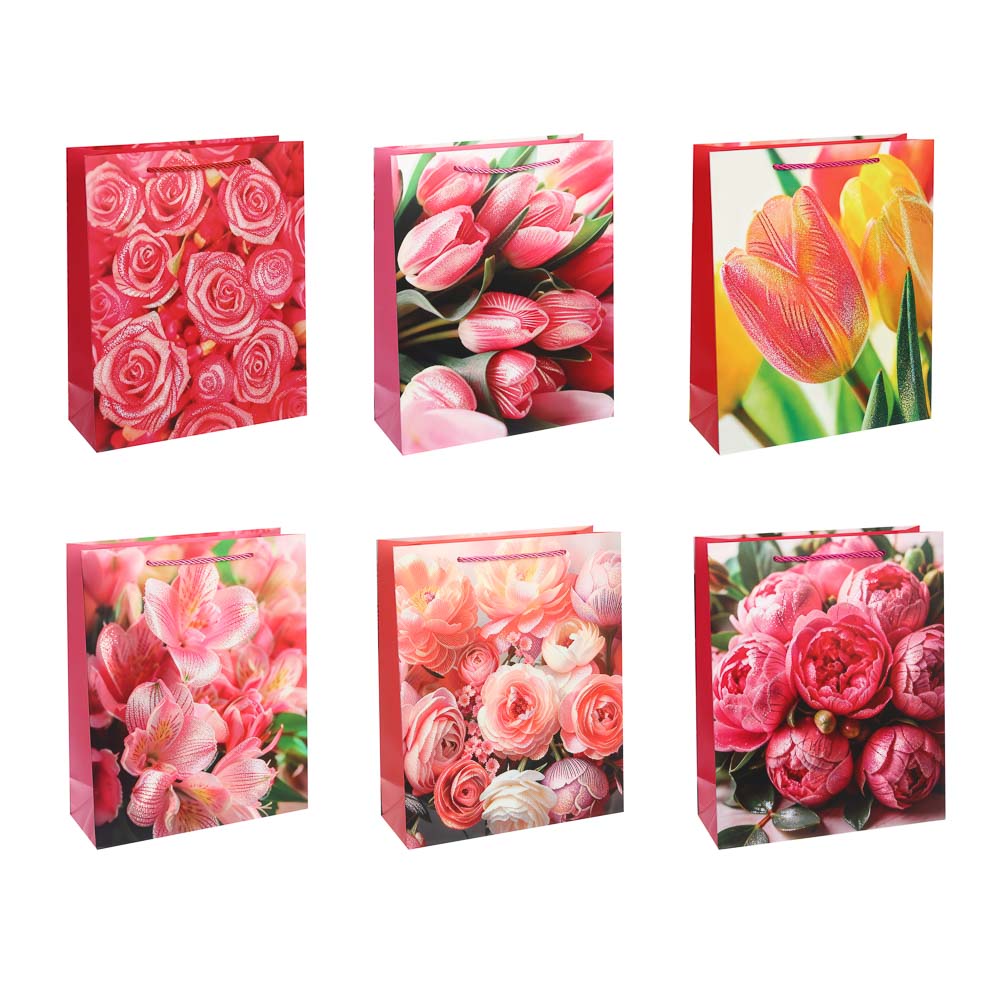 Пакет подарочный бумажный тм LADECOR, L 26x32x10 см, "Цветы" арт 1, 6 дизайнов - #1
