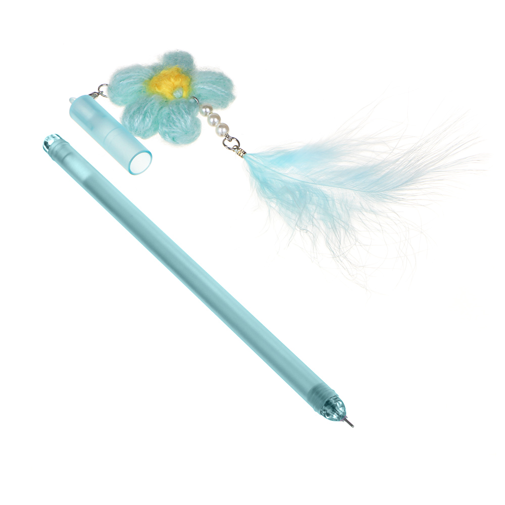 Ручка гелевая синяя с подвеской - брелоком в форме цветка из нитей с пером, 0,5мм, пл., 4 цв. - #3