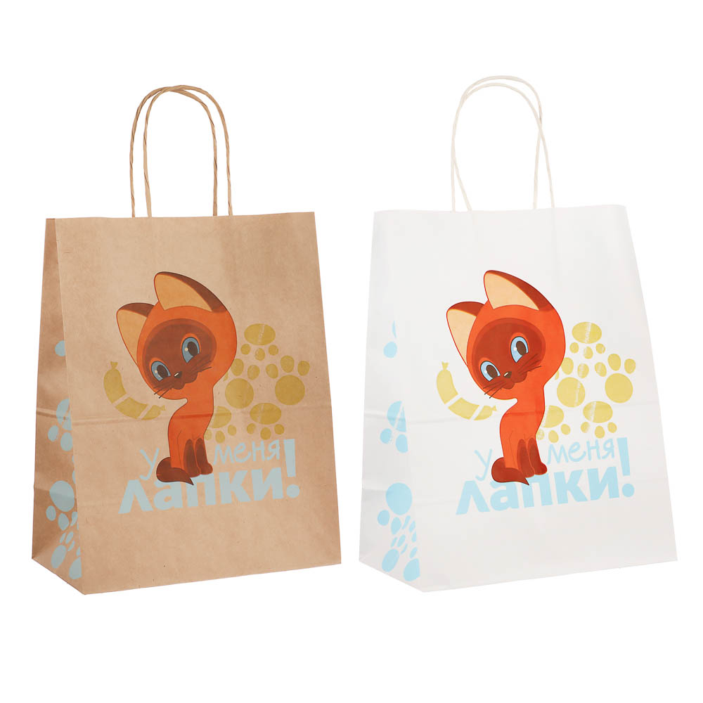 Пакет подарочный с кручеными ручками крафт 24х14х30см, "Котёнок по имени Гав. У меня лапки" в ассорт - #1