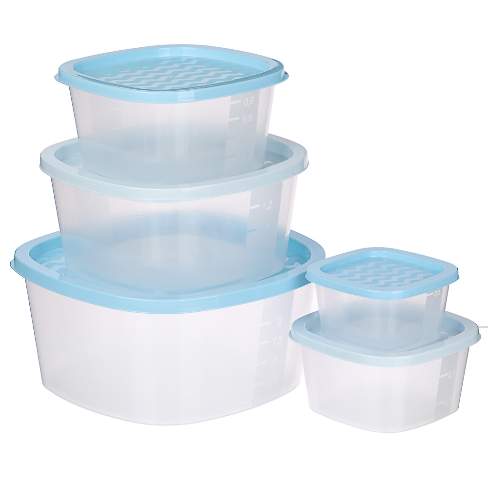 Набор контейнеров для продуктов квадратных 5шт (0,23л; 0,5л; 0,9л; 1,55л; 2,65л), пластик - #2