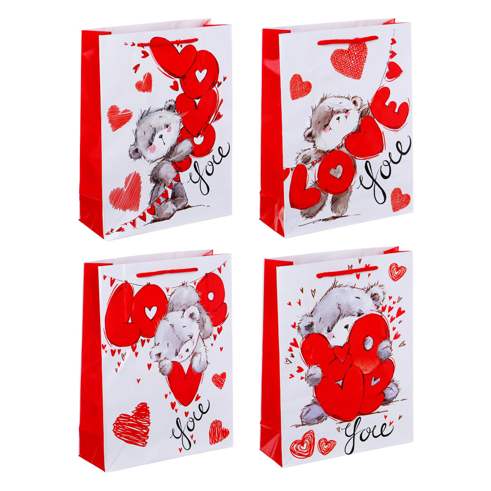 LADECOR Пакет подарочный бумажный, 18x24x7 см, 4 дизайна, Мишки и сердца - #1