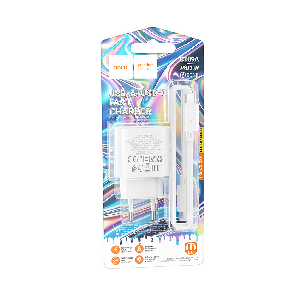 Комплект СЗУ hoco. модель C109A, PD20Вт+QC3.0, каб. C-C, белый - #2